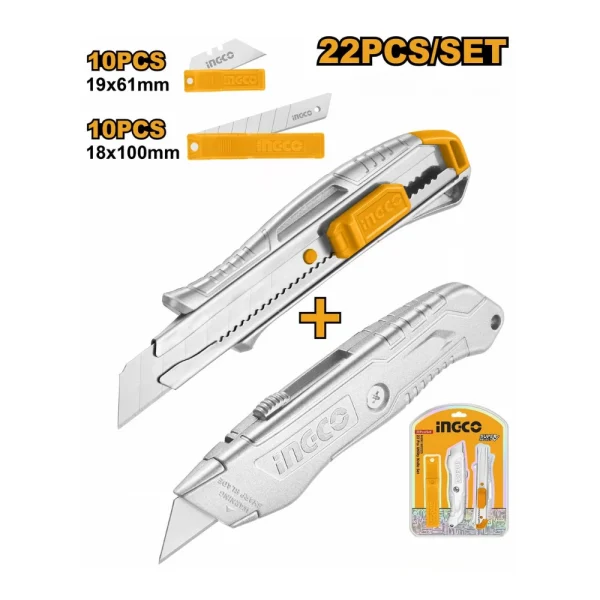 INGCO Pack de 22 couteaux utilitaires en alu 180 mm