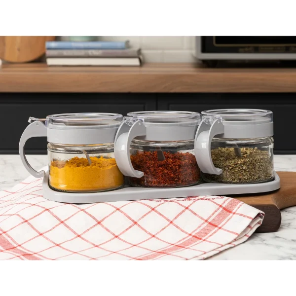 Set de 3 pots à épices 300 ml en verre avec cuillères et support – Image 5