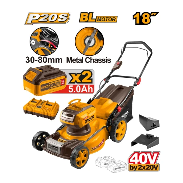 Tondeuse à gazon à batterie 40V avec 2 batteries 5A + 1 chargeur double port
