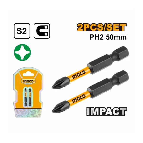 INGCO jeu de 2 embouts de tournevis à percussion ph2 (phillips) 50mm