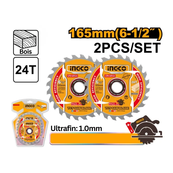 Jeu de 2 lames de scie circulaire TCT 165 mm (6-1/2") 24T