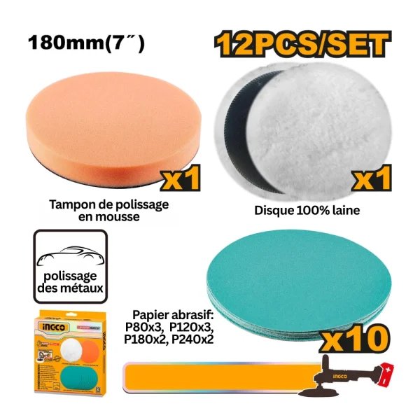 INGCO Kit 12 pièces pour polissage et ponçage 180mm compatible APLI2018