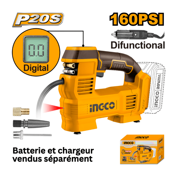 INGCO Compresseur à air sans fil 20V 160PSI 11Bar + accessoires