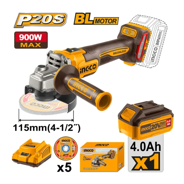 INGCO Meuleuse angulaire sans fil 20V 115mm 900W avec 1 batterie 4A + 1 chargeur