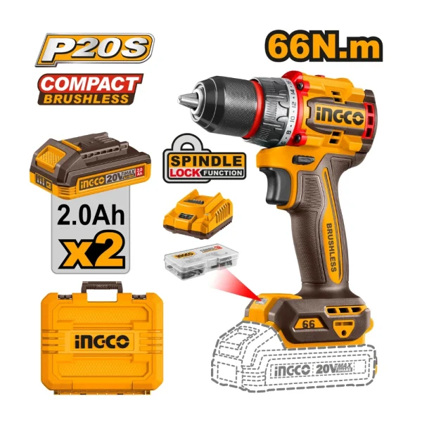 INGCO Perceuse sans fil 20V 66NM avec 2 batteries 2A + 1 chargeur