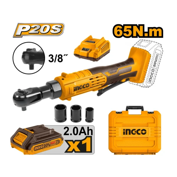 INGCO Clé à cliquet sans fil 20V 3/8" 65Nm + 1 batterie 2A et 1 chargeur
