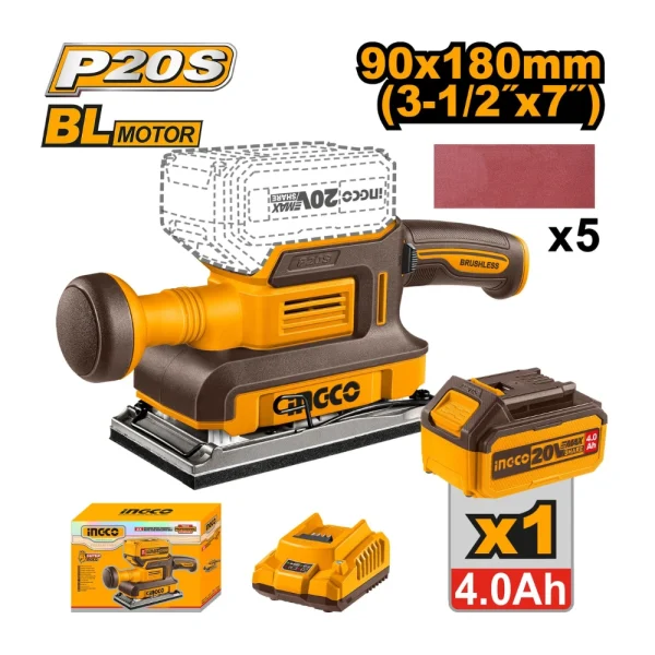 INGCO Ponceuse vibrante sans fil 20V + 1 batterie 4A et 1 chargeur