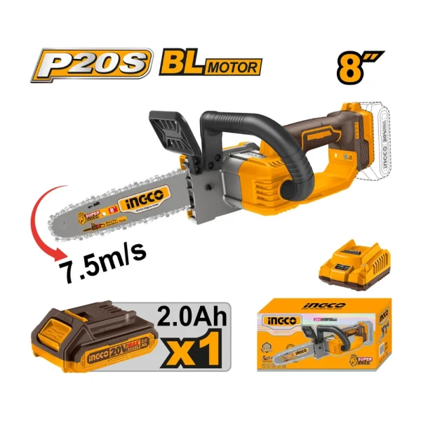 INGCO Tronçonneuse sans fil 20V 8" + 1 batterie 2A et 1 chargeur