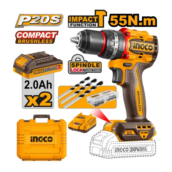 INGCO Perceuse à perceussion sans fil 20V 55NM avec 2 batteries 2A + 1 chargeur