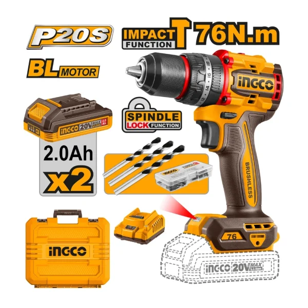 INGCO Perceuse à percussion sans fil 20V 76Nm avec 2 batteries 2A + 1 chargeur