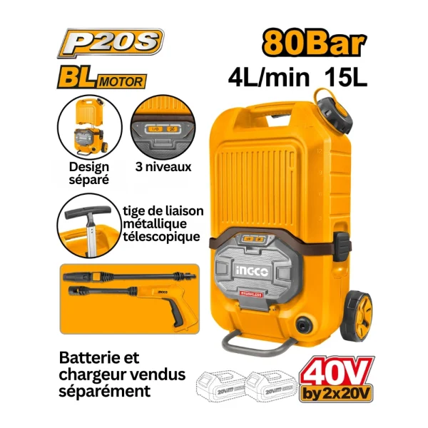 INGCO Nettoyeur haute pression sans fil 40V 80Bar 4L/min