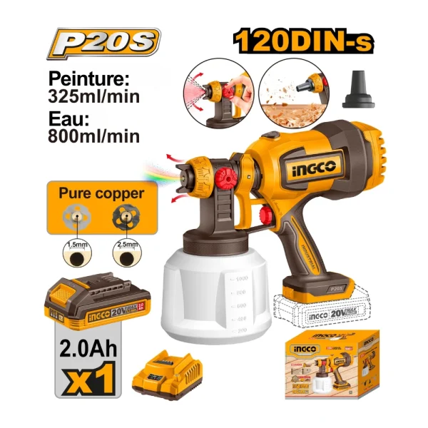INGCO Pistolet pulvérisateur  20V + 1 batterie 2A et 1 chargeur