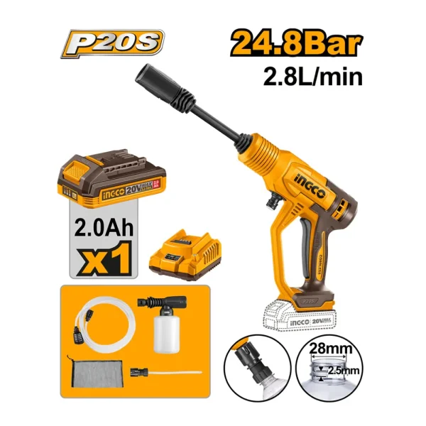 INGCO Nettoyeur haute pression sans fil 20V 24.8 bar avec 1 batterie 2A + 1 chargeur et accessoires
