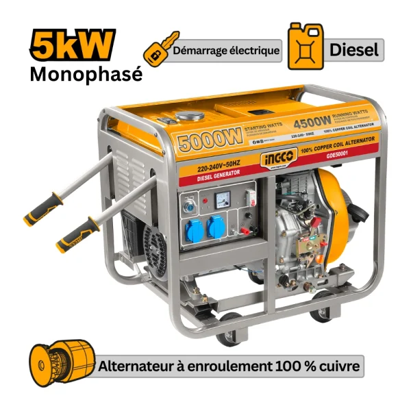 INGCO Groupe électrogène diesel 5kW 6kVA 7HP monophasé
