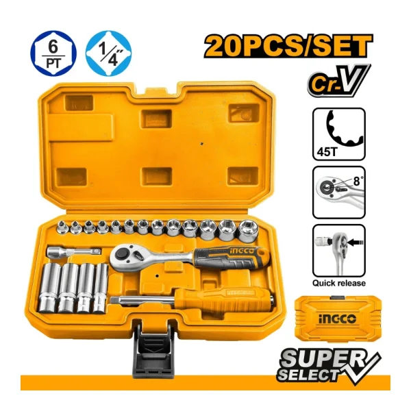 INGCO Coffret de clé à cliquet 1/4" + douilles