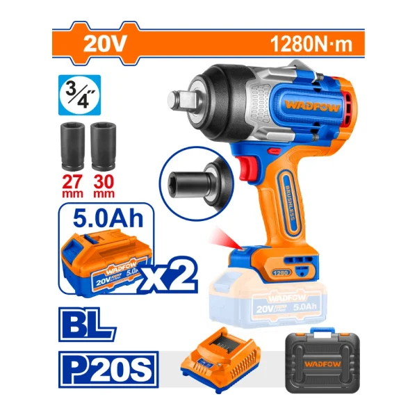 WADFOW Clé à chocs sans fil 20V 3/4" 1280Nm avec 2 batteries 5A + 1 chargeur