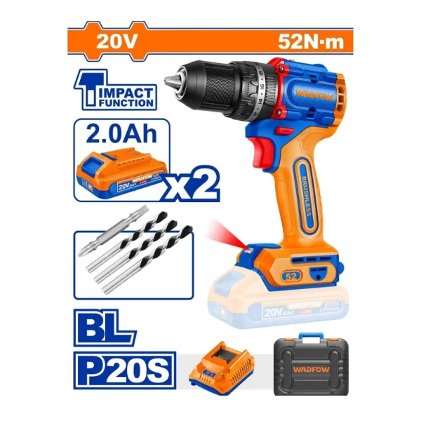 WADFOW Perceuse à percussion 52Nm sans fil 20V avec 2 batteries 2A +1 chargeur