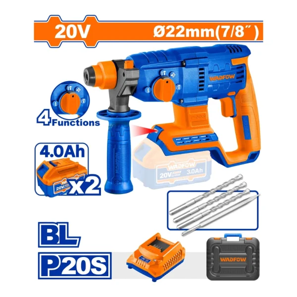 WADFOW Marteau perforateur SDS Plus ø22mm sans fil 20V avec 2 batteries 4A + 1 chargeur