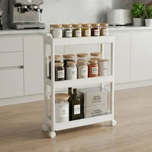 chariot etroit blanc 3 niveaux a roulettes en contexte 81507