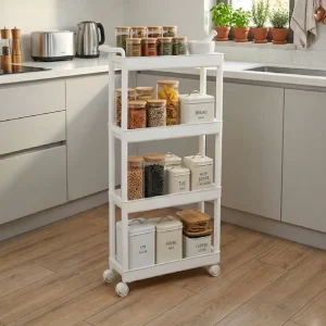 chariot etroit blanc 4 niveaux a roulettes en contexte 81509